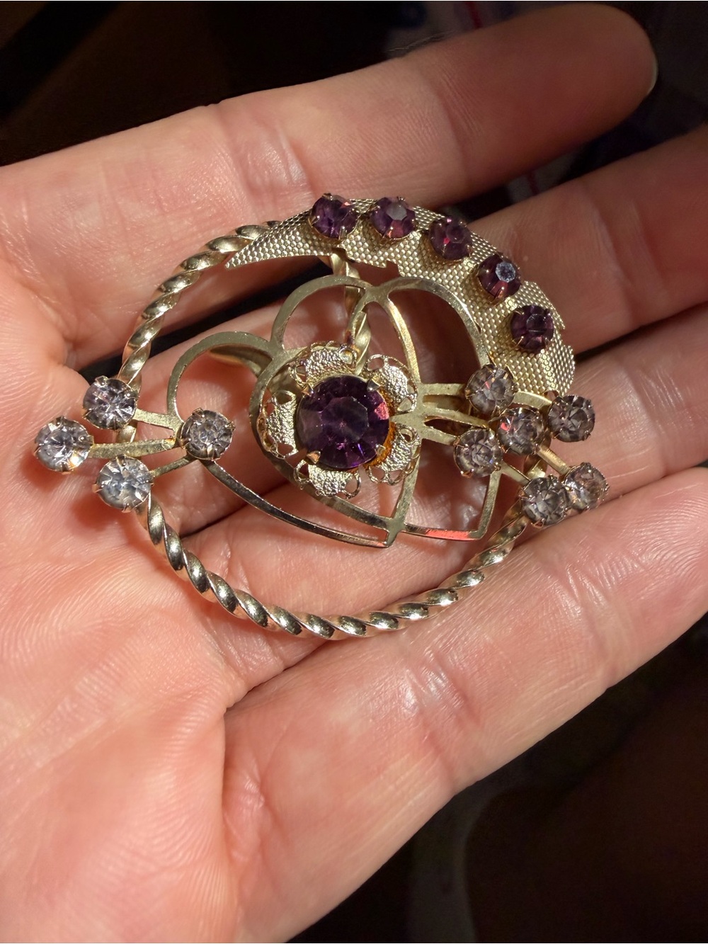 Vintage Gold-Tone Purple Crystals Brooch